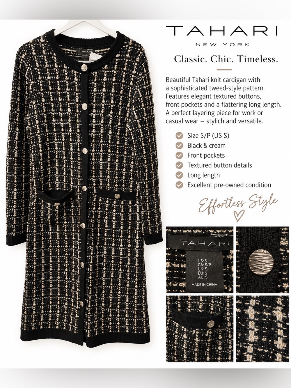 Tahari Black & Cream Tweed Knit Long Cardigan – Size S